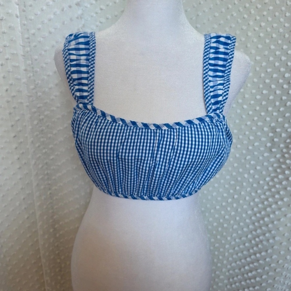 Copper‎ Key Blue White Gingham Crop Top Square Neck Ruffle Strap Small